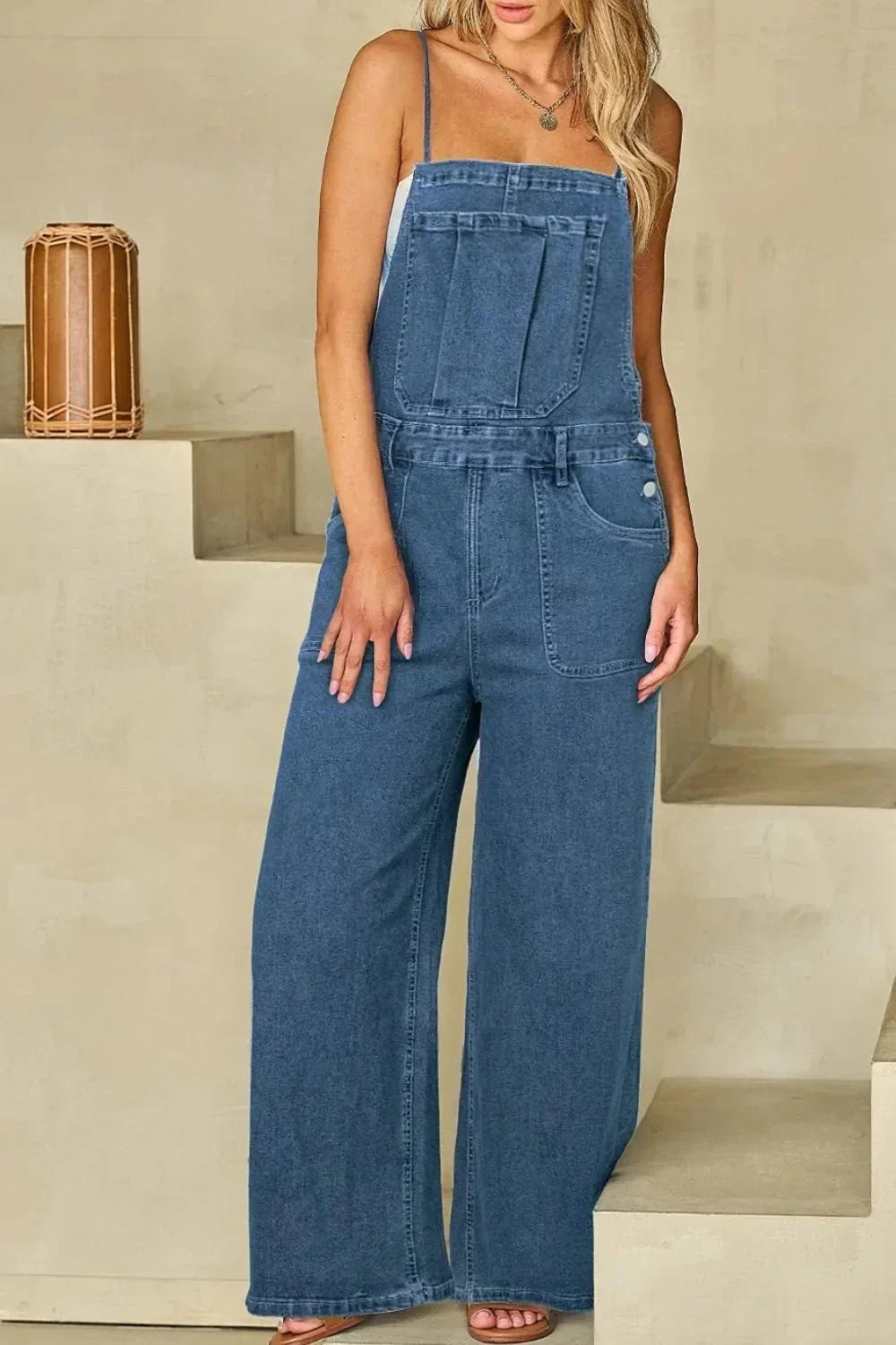 Adjustable Tie Straps Wide Leg Denim Overalls - VILLA FASHION